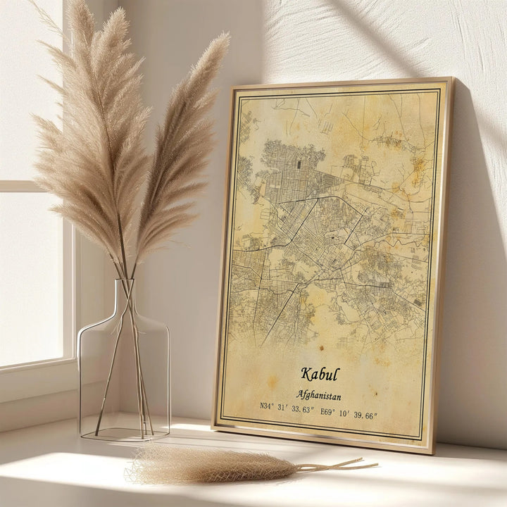 Vintage sepia poster of Kabul Afghanistan showcasing geographic road networks and urban layout details on aged paper, created by MapYourDreams with options for unframed art prints, stretched canvas wall decor, or custom framed prints in gold and classic black frame finishes.