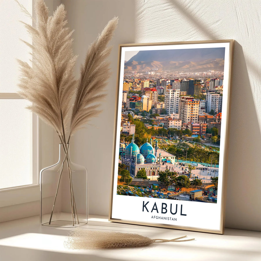 Cultural photo wall art poster of Kabul Afghanistan showcasing the turquoise Sakhi Shrine and sprawling city landscape, created by MapYourDreams with options for unframed art prints, stretched canvas wall decor, or custom framed prints in gold and classic black frame finishes.