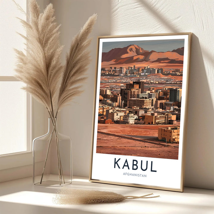 Minimalist photo wall art poster of Kabul Afghanistan showcasing warm terracotta buildings and sweeping mountain slopes, created by MapYourDreams with options for unframed art prints, stretched canvas wall decor, or custom framed prints in gold and classic black frame finishes.