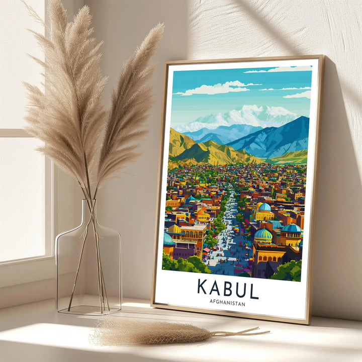 Illustrated photo wall art poster of Kabul Afghanistan showcasing turquoise domes and sweeping Hindu Kush mountain slopes, created by MapYourDreams with options for unframed art prints, stretched canvas wall decor, or custom framed prints in gold and classic black frame finishes.