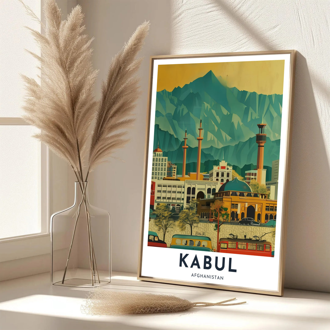 Urban illustration print of Kabul, Afghanistan, highlighting mid-century city architecture and scenic emerald mountain ranges. Offered by MapYourDreams as an unframed art print, a gallery canvas print, or a custom framed wall art piece in retro white and silver frame choices.