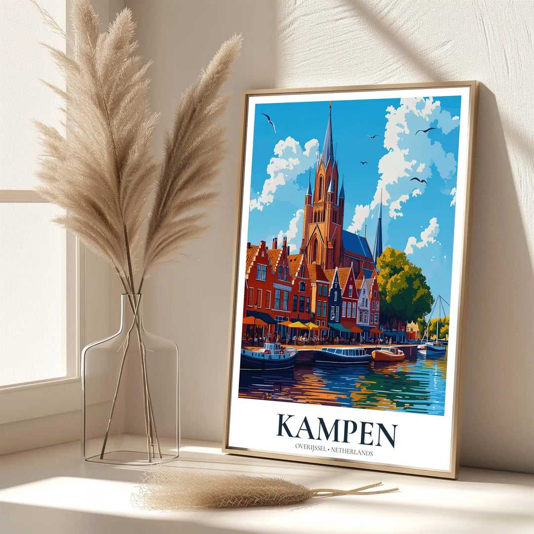 Elegant graphic European print featuring Kampen Overijssel Netherlands skyline reflections on the IJssel river, provided by MapYourDreams with options for an unframed paper print, a gallery wrapped canvas, or a custom framed presentation style for fans of historic European travel art.