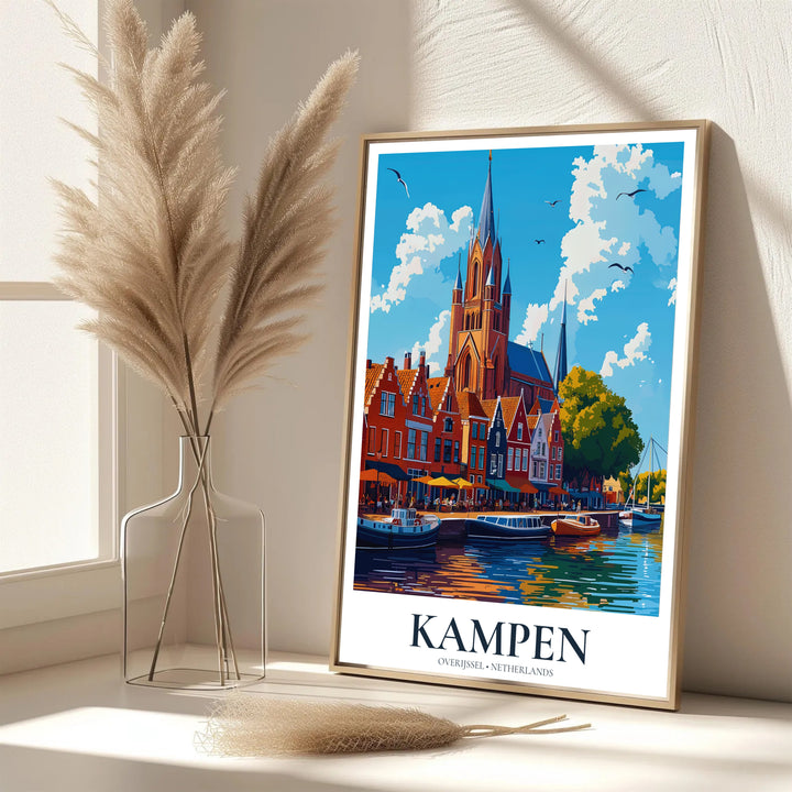 Elegant graphic European print featuring Kampen Overijssel Netherlands skyline reflections on the IJssel river, provided by MapYourDreams with options for an unframed paper print, a gallery wrapped canvas, or a custom framed presentation style for fans of historic European travel art.