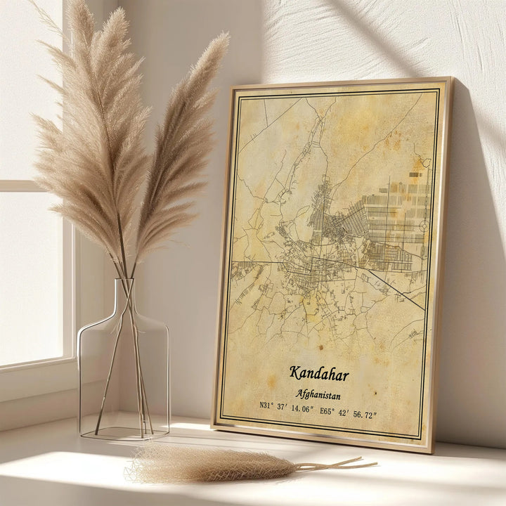 Cartographic wall art poster showcasing street grids, outer road lines, and precise latitude longitude coordinates for Kandahar, Afghanistan. Created by MapYourDreams with options for unframed art prints, stretched canvas wall decor, or custom framed prints in gold and classic black frame finishes.