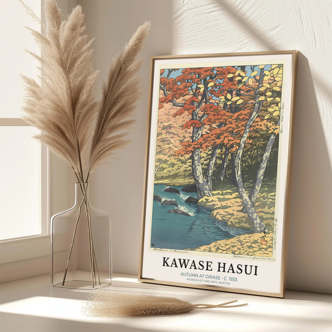 Dynamic Japanese foliage poster Autumn at Oirase by artist Kawase Hasui featuring orange maples and stream at Oirase Mountain Stream. MapYourDreams features framed, unframed, and canvas print options for office wall art decor.