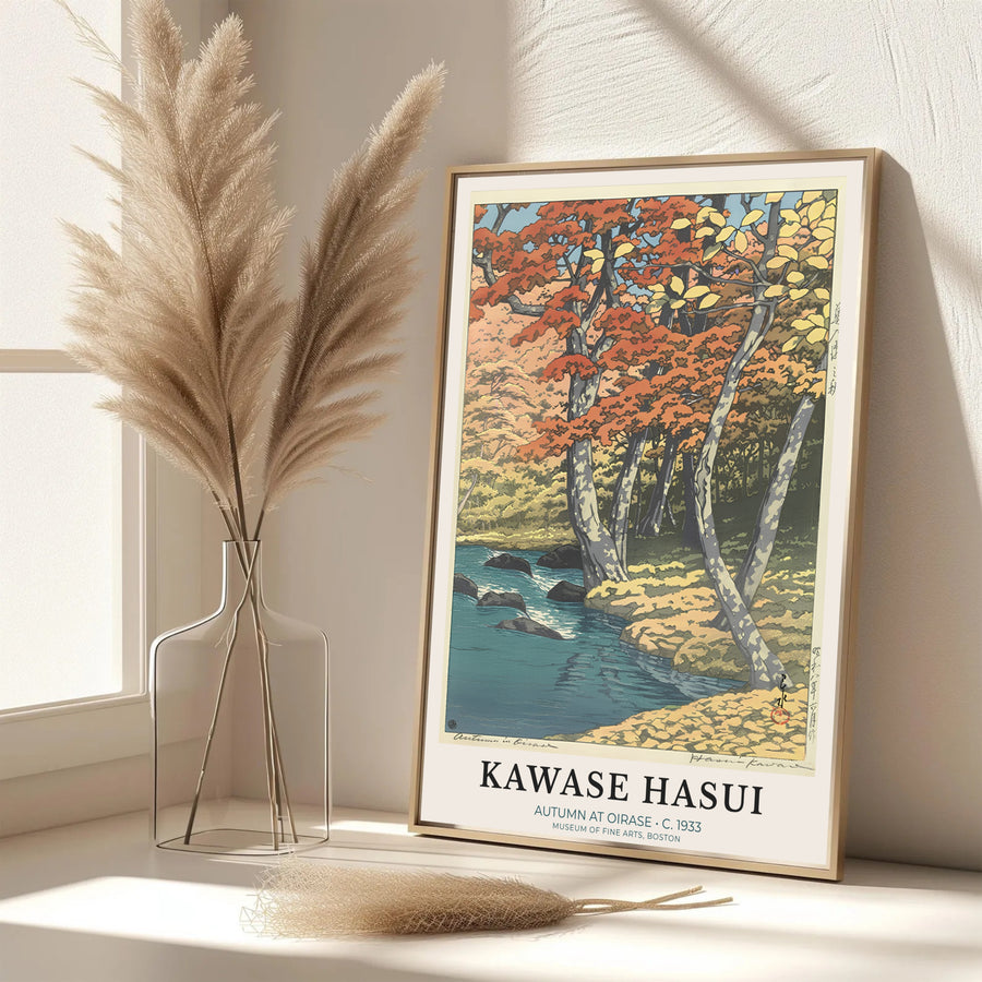 Dynamic Japanese foliage poster Autumn at Oirase by artist Kawase Hasui featuring orange maples and stream at Oirase Mountain Stream. MapYourDreams features framed, unframed, and canvas print options for office wall art decor.