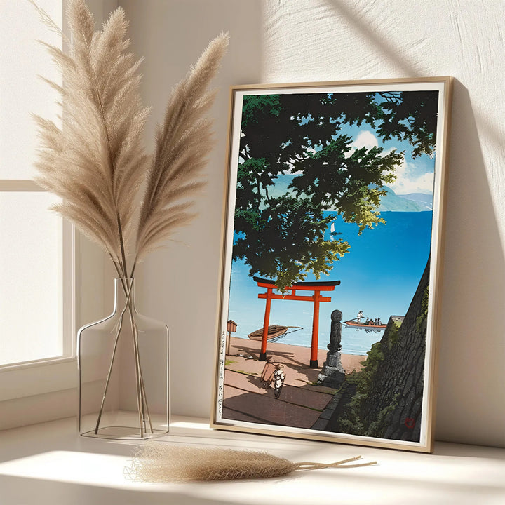 Dynamic Japanese torii poster Lake Biwa by artist Kawase Hasui featuring green pine tree canopy at Lake Biwa. MapYourDreams features framed, unframed, and canvas print options for office wall art decor.