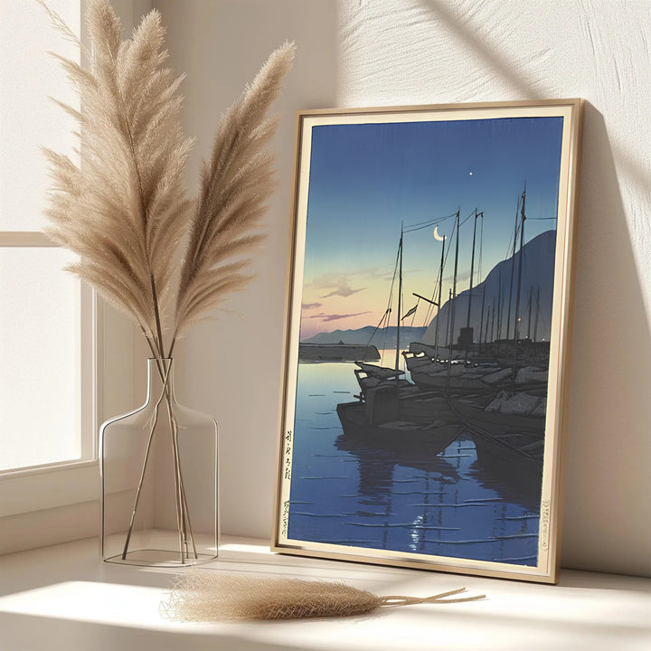 Dynamic Japanese harbor poster Morning in Beppu by artist Kawase Hasui featuring quiet fishing boats at Morning in Beppu. MapYourDreams features framed, unframed, and canvas print options for office wall art decor.