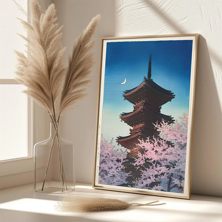 Dynamic Japanese temple poster Spring Evening Ueno by artist Kawase Hasui featuring Kaneiji pagoda at Spring Evening Ueno. MapYourDreams features framed, unframed, and canvas print options for office wall art decor.