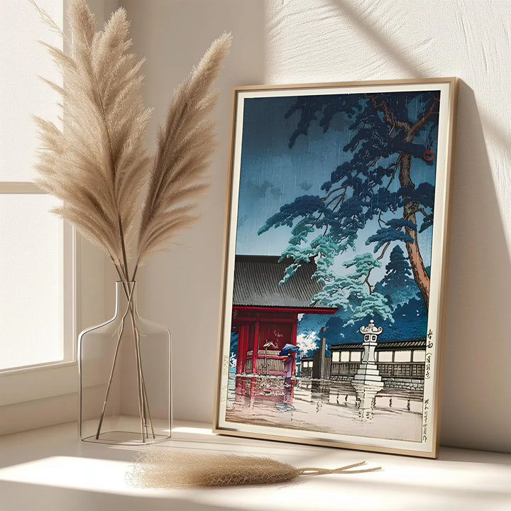 Dynamic Japanese shrine poster Spring Rain Gokokuji Temple by artist Kawase Hasui featuring Gokokuji Temple grounds at Spring Rain Gokokuji Temple. MapYourDreams features framed, unframed, and canvas print options for office wall art decor.