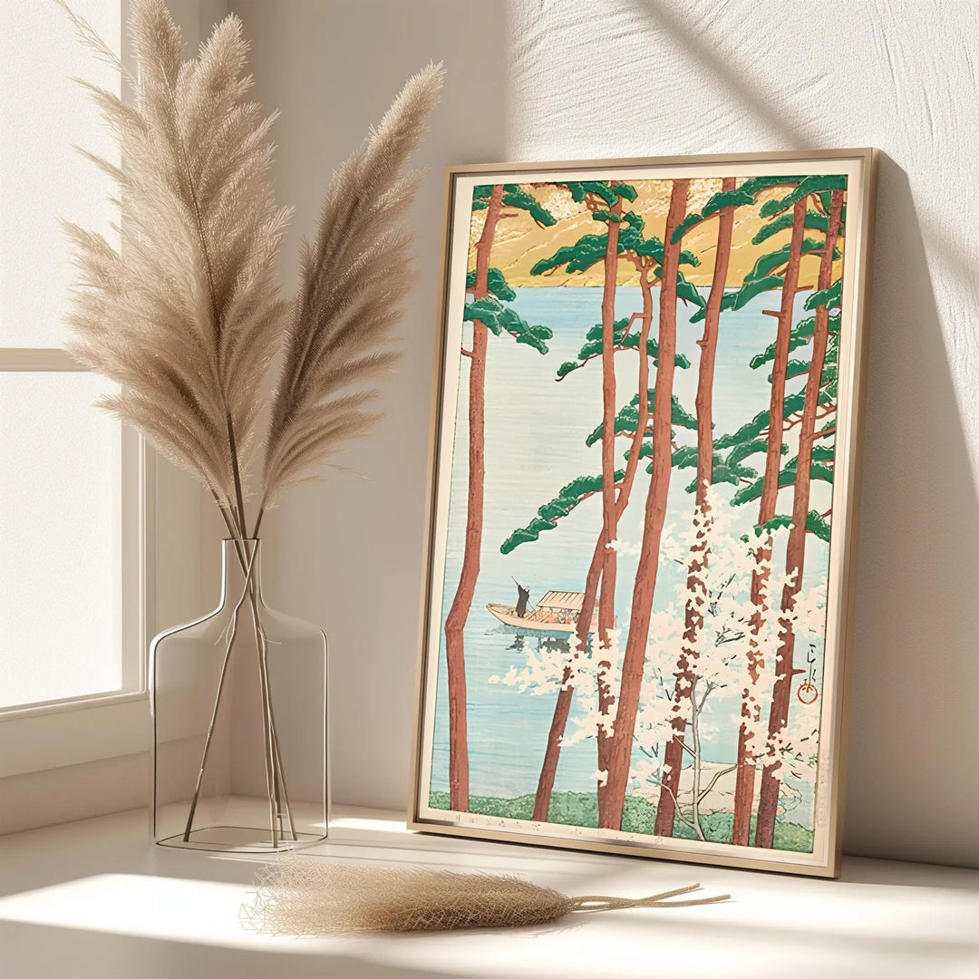 Dynamic Japanese river poster Spring at Arashiyama Kyoto by artist Kawase Hasui featuring wooden pleasure boat at Spring at Arashiyama Kyoto. MapYourDreams features framed, unframed, and canvas print options for office wall art decor.