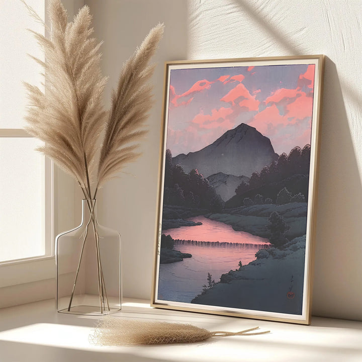 Dynamic Japanese river poster Sunset at Oirase by artist Kawase Hasui featuring Oirase valley landscape at Sunset at Oirase. MapYourDreams features framed, unframed, and canvas print options for office wall art decor.