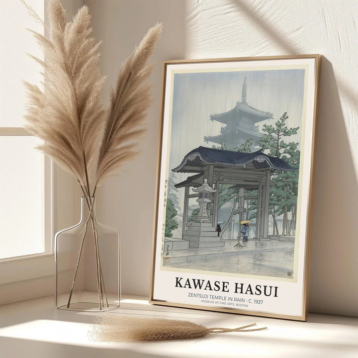 Dynamic Japanese pagoda poster Zentsuji Temple by artist Kawase Hasui featuring Zentsuji Temple grounds at Zentsuji Temple. MapYourDreams features framed, unframed, and canvas print options for office wall art decor.