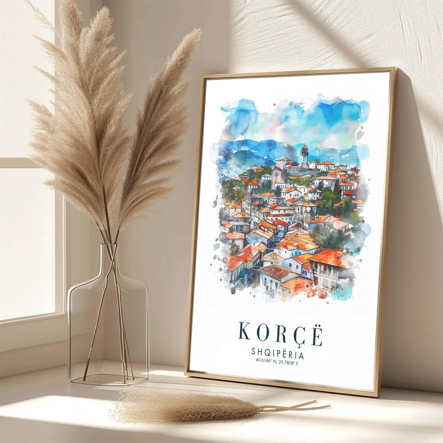 Eye-catching highland city artwork celebrating Korçë Albania, printed on premium archival stock with long-lasting ink retention over time. Available from MapYourDreams as an unframed paper poster, custom-framed print, or gallery-wrapped canvas.