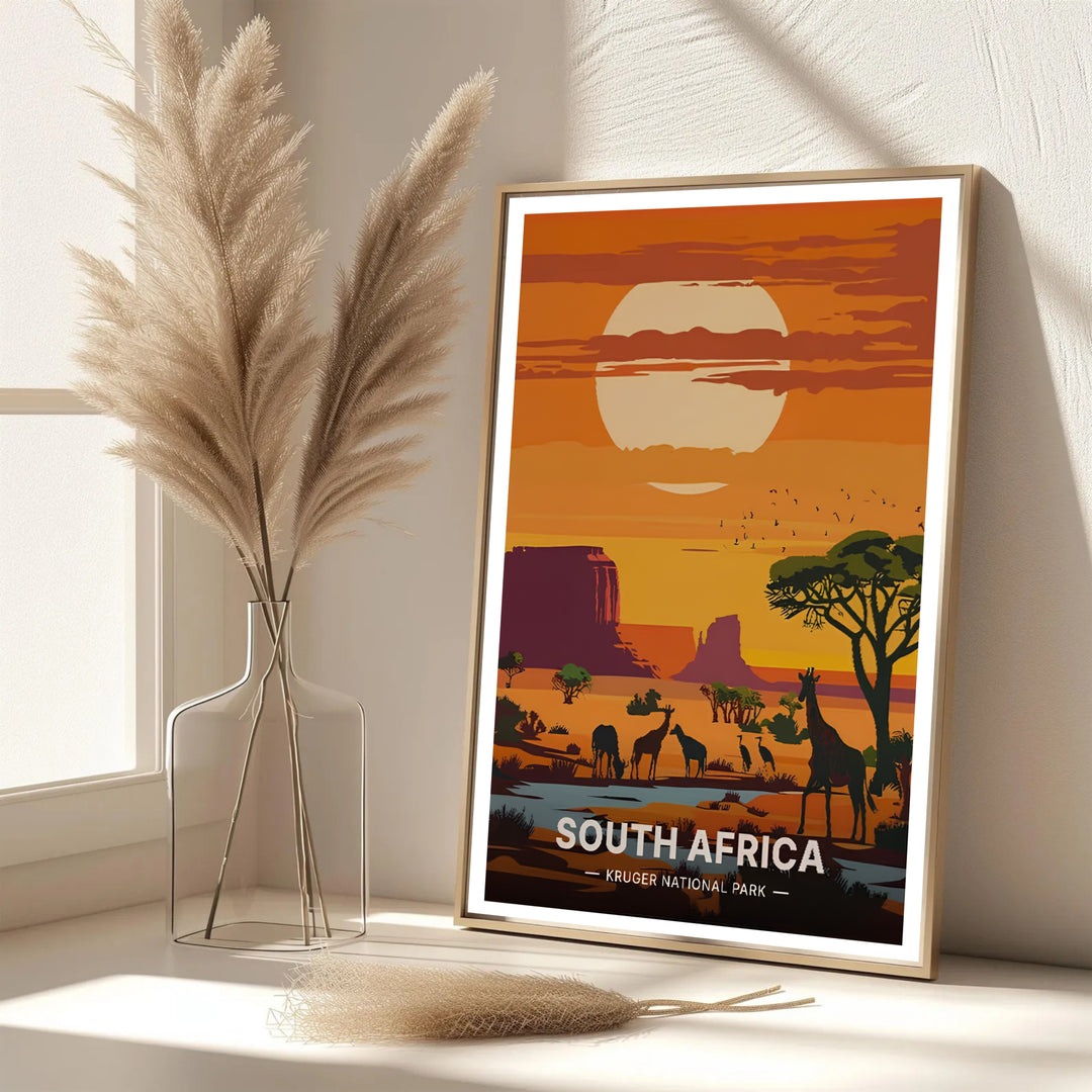 Serene Kruger National Park artwork featuring giraffes, birds in flight, umbrella acacias, and distant red rock mesas. Offered by MapYourDreams, this artwork is available in flexible options including unframed paper, custom wooden frames, and gallery canvas wraps for tailored home wall decor setups.