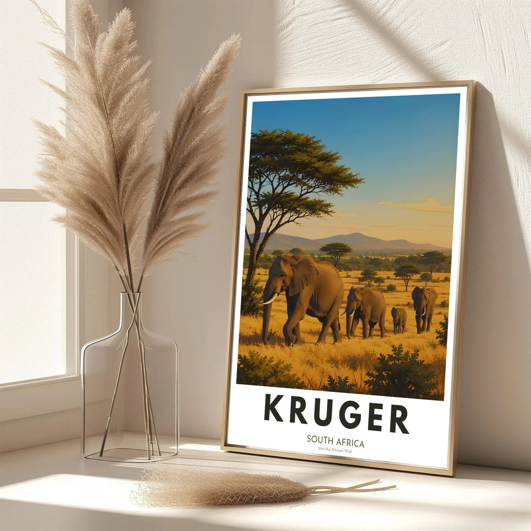 Earthy tone African safari landscape poster highlighting wild elephants and savanna vegetation in warm sunlight. Offered by MapYourDreams, this artwork is available in flexible options including unframed paper, custom wooden frames, and gallery canvas options for beautiful interior decor.