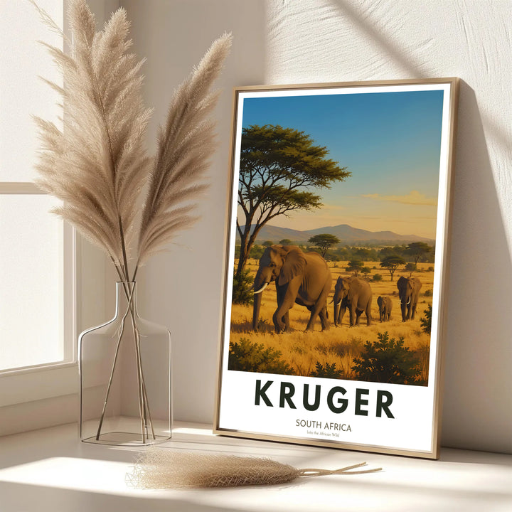 Earthy tone African safari landscape poster highlighting wild elephants and savanna vegetation in warm sunlight. Offered by MapYourDreams, this artwork is available in flexible options including unframed paper, custom wooden frames, and gallery canvas options for beautiful interior decor.