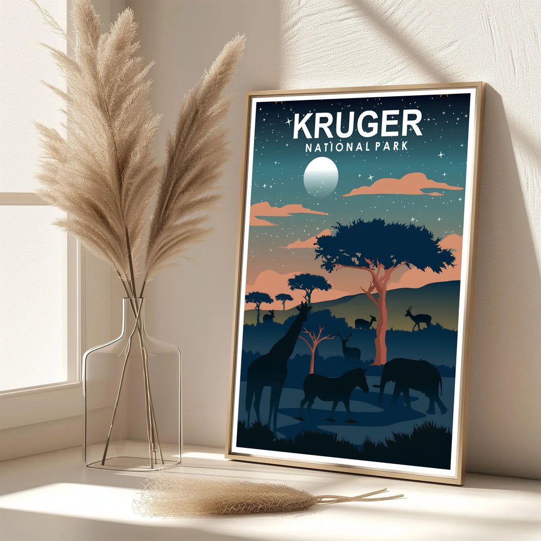 Kruger National Park night safari poster featuring elephants, giraffes, zebras, and antelopes under a starlit sky with a full moon and acacia trees. Offered by MapYourDreams, this artwork is available in flexible options including unframed paper, custom wooden frames, and gallery canvas wraps for tailored home wall decor setups.