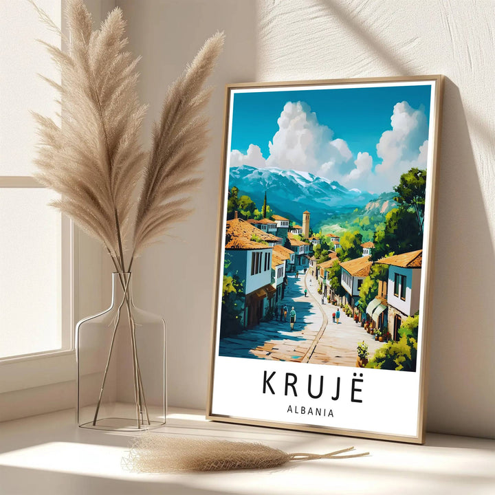 Eye-catching historic mountain town artwork celebrating Krujë Albania, printed on premium archival stock with long-lasting ink retention over time. Available from MapYourDreams as an unframed paper poster, custom-framed print, or gallery-wrapped canvas.