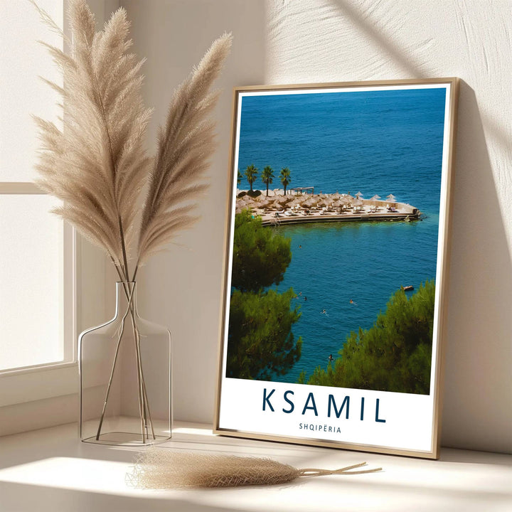 Eye-catching beach resort artwork celebrating Ksamil Albania, printed on premium archival stock with long-lasting ink retention over time. Available from MapYourDreams as an unframed paper poster, custom-framed print, or gallery-wrapped canvas.