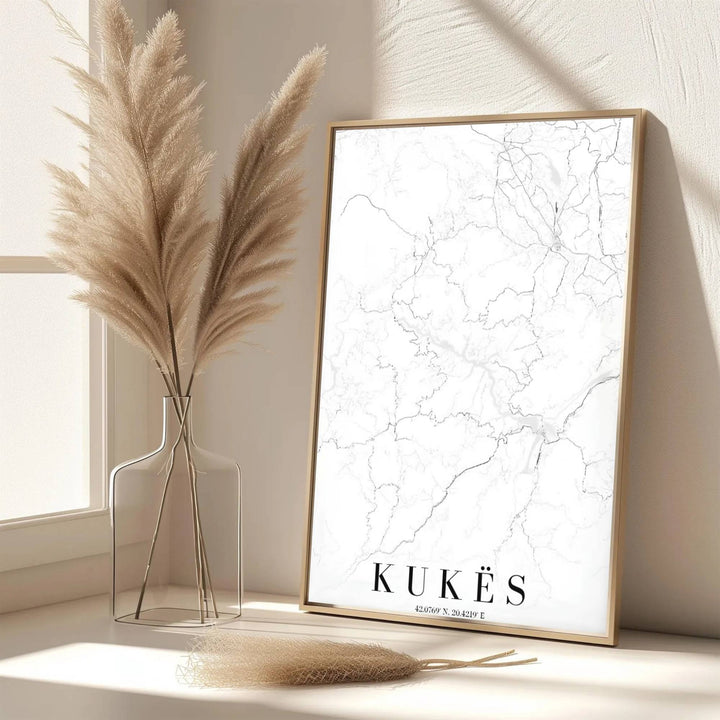 Fine line cartography traces the highways, mountain passes, and rivers of Kukës County, Albania, on archival matte print substrate. Choose from flexible display setups including unframed archival paper, wooden frames, or wrapped canvas formats.