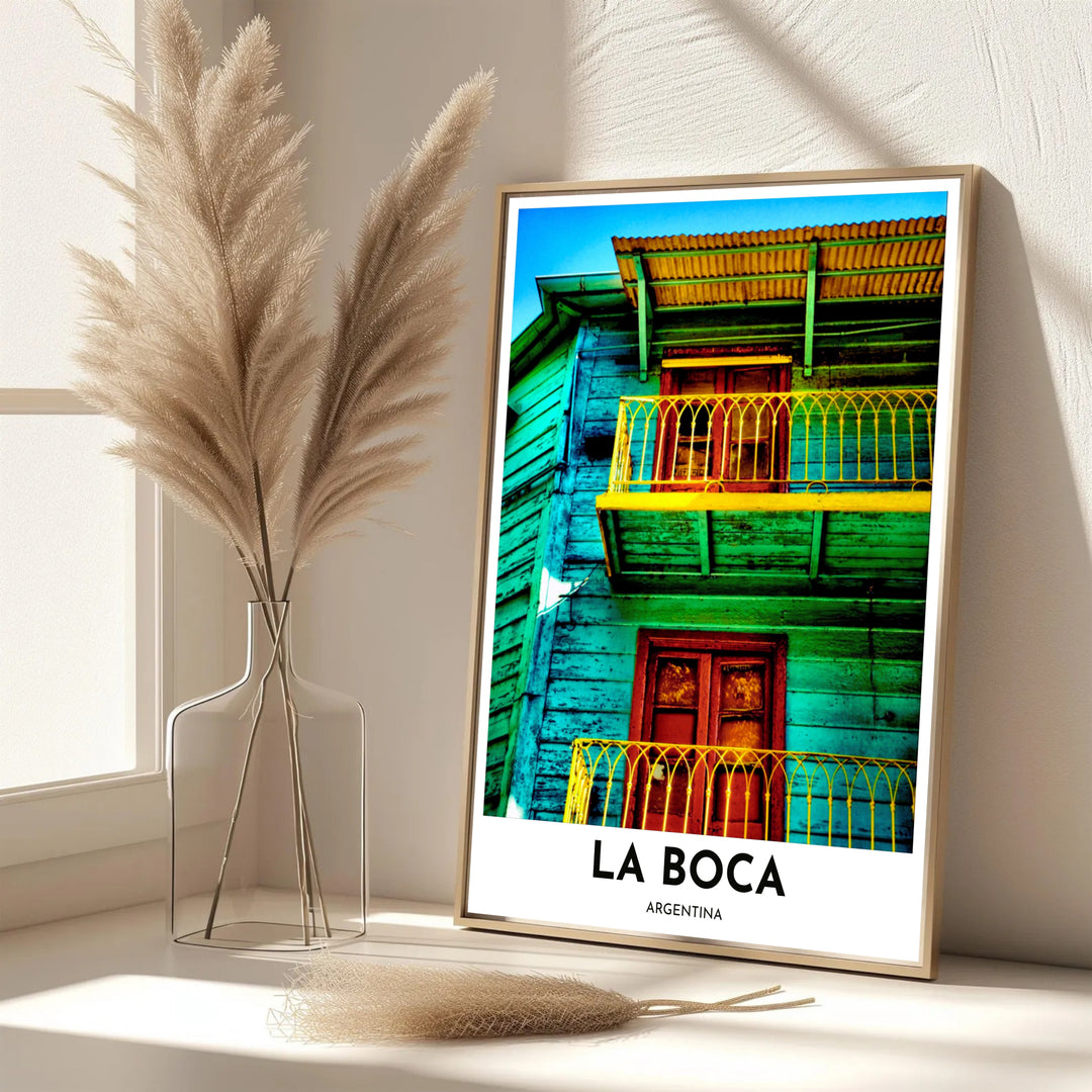 Fine art street view poster featuring bold white margin headers reading LA BOCA and ARGENTINA beneath a colorful balcony photo. Available directly from MapYourDreams, this print comes in versatile mediums including roll-packed paper, custom frames, or canvas wraps.