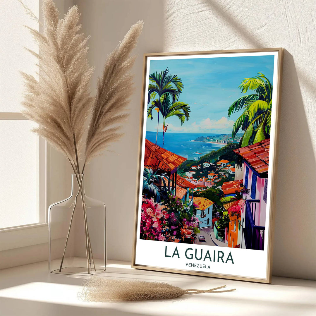Scenic travel poster displaying the world-famous La Guaira coastline in a saturated impressionistic color palette. Handpicked for the MapYourDreams catalog, this artwork is available in flexible styles including unframed paper prints, wooden frames, or gallery canvas.