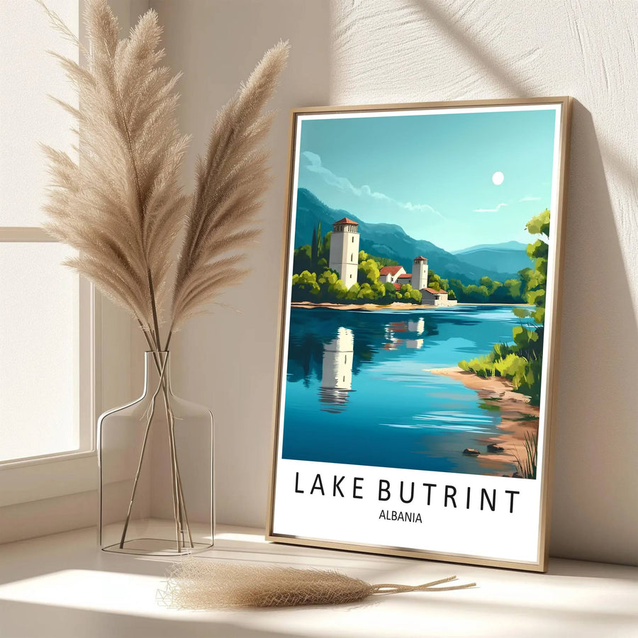 Eye-catching historic landmark artwork celebrating Lake Butrint Albania, printed on premium archival stock with long-lasting ink retention. Available from MapYourDreams as an unframed paper poster, custom-framed print, or gallery-wrapped canvas.