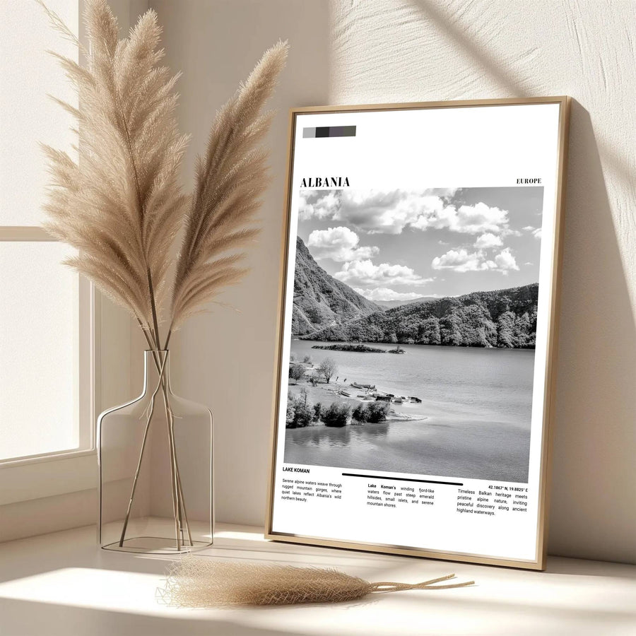 Eye-catching monochrome landscape artwork celebrating Lake Koman Albania, printed on premium archival stock with long-lasting ink retention. Available from MapYourDreams as an unframed paper poster, custom-framed print, or gallery-wrapped canvas.