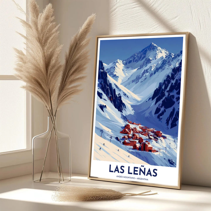 Scenic travel poster displaying the world-famous Las Leñas ski resort in a striking high-contrast winter color palette. Handpicked for the MapYourDreams catalog, this artwork is available in flexible styles including unframed paper prints, wooden frames, or gallery canvas.