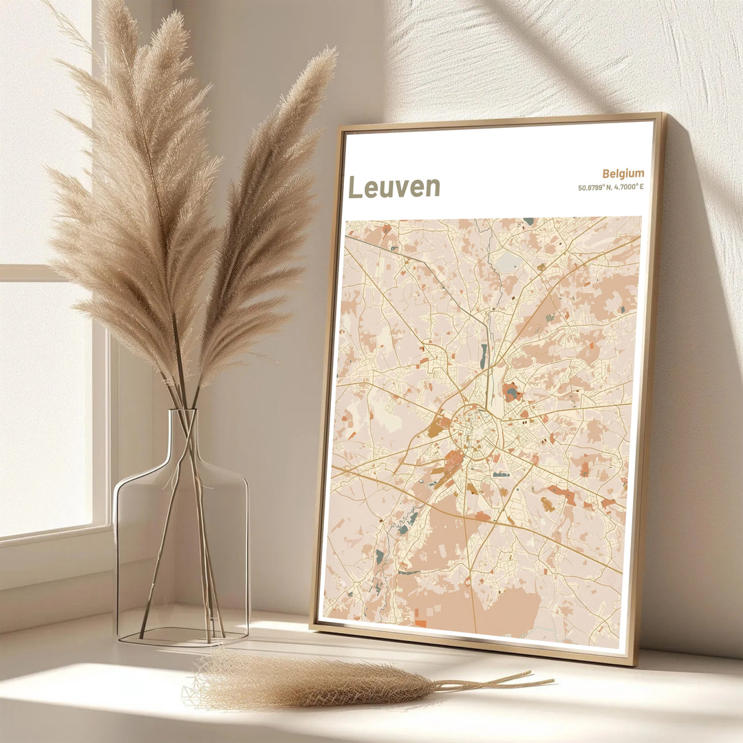 An earthy color geographic print showing the road network and inner city core of Leuven, Belgium. Offered in flexible choices such as unframed archival poster paper, custom wood framing, and gallery canvas wraps.
