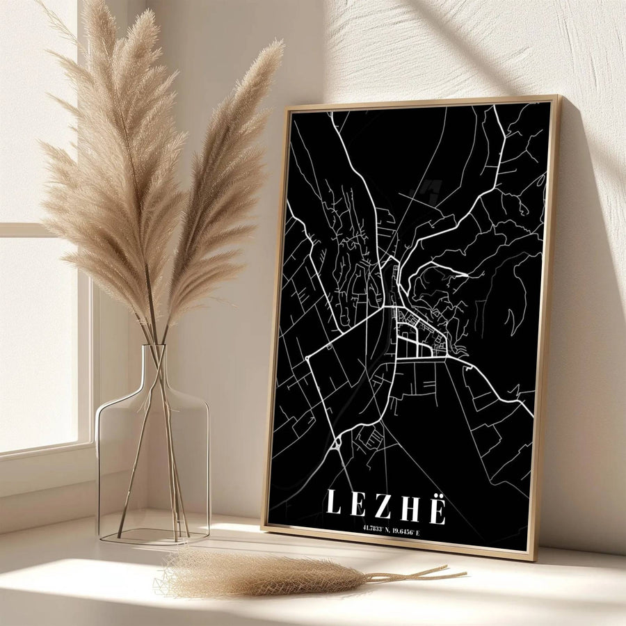 Elegant cartographic typography frames this detailed road map of Lezhë, offering a clean monochrome aesthetic for home offices. Available from MapYourDreams as an unframed paper poster, custom-framed print, or gallery-wrapped canvas.