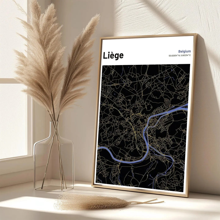 A dark background geographic print showing the road network and Meuse River in Liège, Belgium. Offered in flexible choices such as unframed archival poster paper, custom wood framing, and gallery canvas wraps.