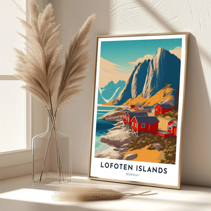 Coastal Scandinavian landscape art depicting the fishing village shorelines in Lofoten Islands Norway with crisp sunlight details. Bring Nordic tranquility into your living area with this print available in classic unframed print paper, gallery wrapped canvas panels, or fully assembled framed displays.