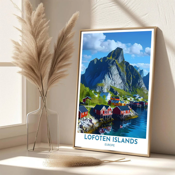 Scenic Norway fjord poster of Hamnoy village rendered in rich cobalt blue, fiery crimson red, and granite grey contrast. Developed by MapYourDreams, this artwork is available in flexible options including unframed paper, custom wooden frames, and gallery canvas wraps for hallway wall decor.