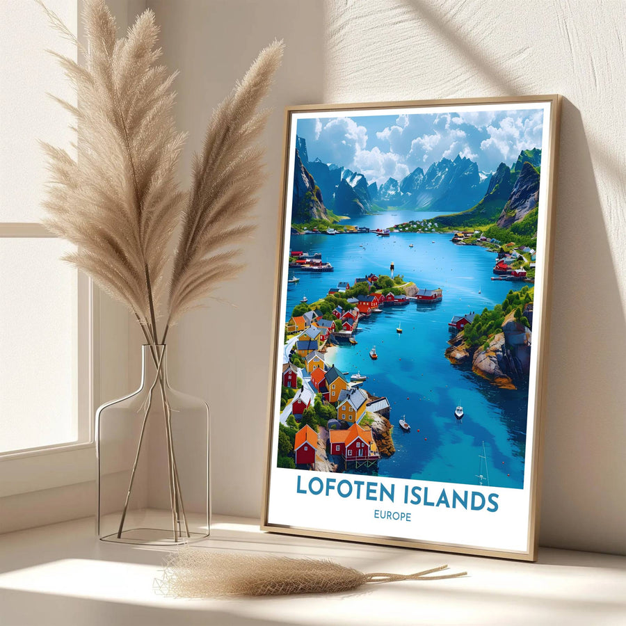 Scenic Norway fjord poster of Henningsvaer village rendered in rich cobalt, turquoise, and fiery crimson red contrast. Developed by MapYourDreams, this artwork is available in flexible options including unframed paper, custom wooden frames, and gallery canvas wraps for hallway wall decor.