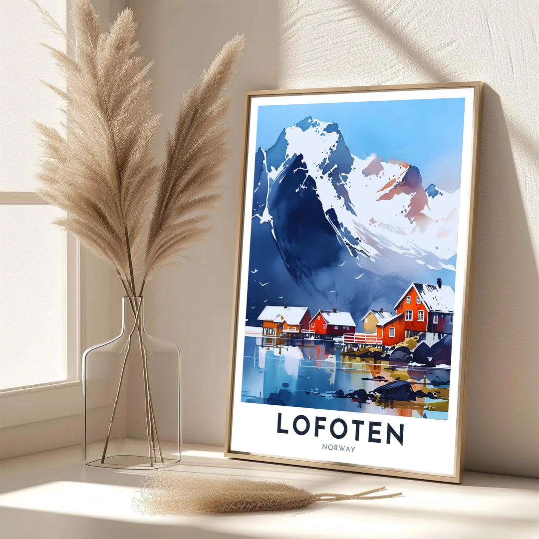 Coastal Scandinavian landscape art depicting the fishing village shorelines in Lofoten Norway with soft winter brushstrokes. Bring Nordic tranquility into your living area with this print available in classic unframed print paper, gallery wrapped canvas panels, or fully assembled framed displays.