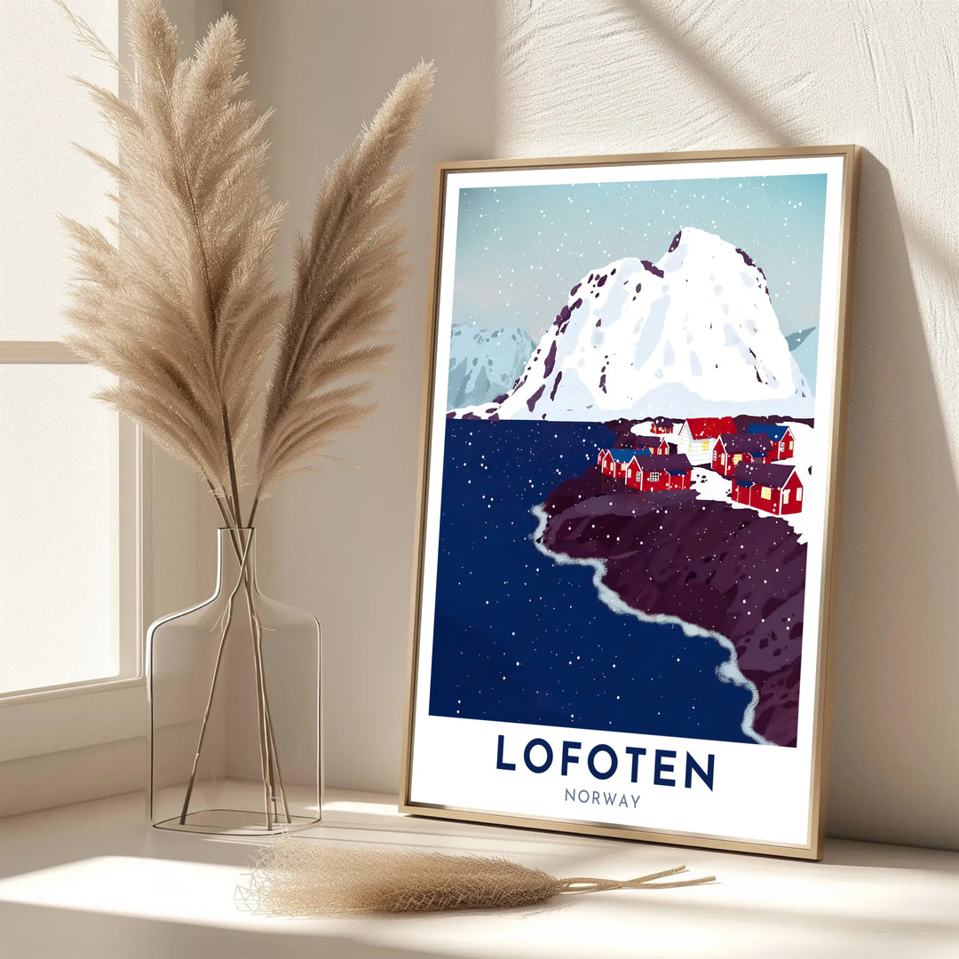 Coastal Scandinavian landscape art depicting the winter shoreline in Lofoten Norway with crisp graphic lines and bold red accents. Bring Nordic quietude into your living area with this print available in classic unframed print paper, gallery wrapped canvas panels, or fully assembled framed displays.