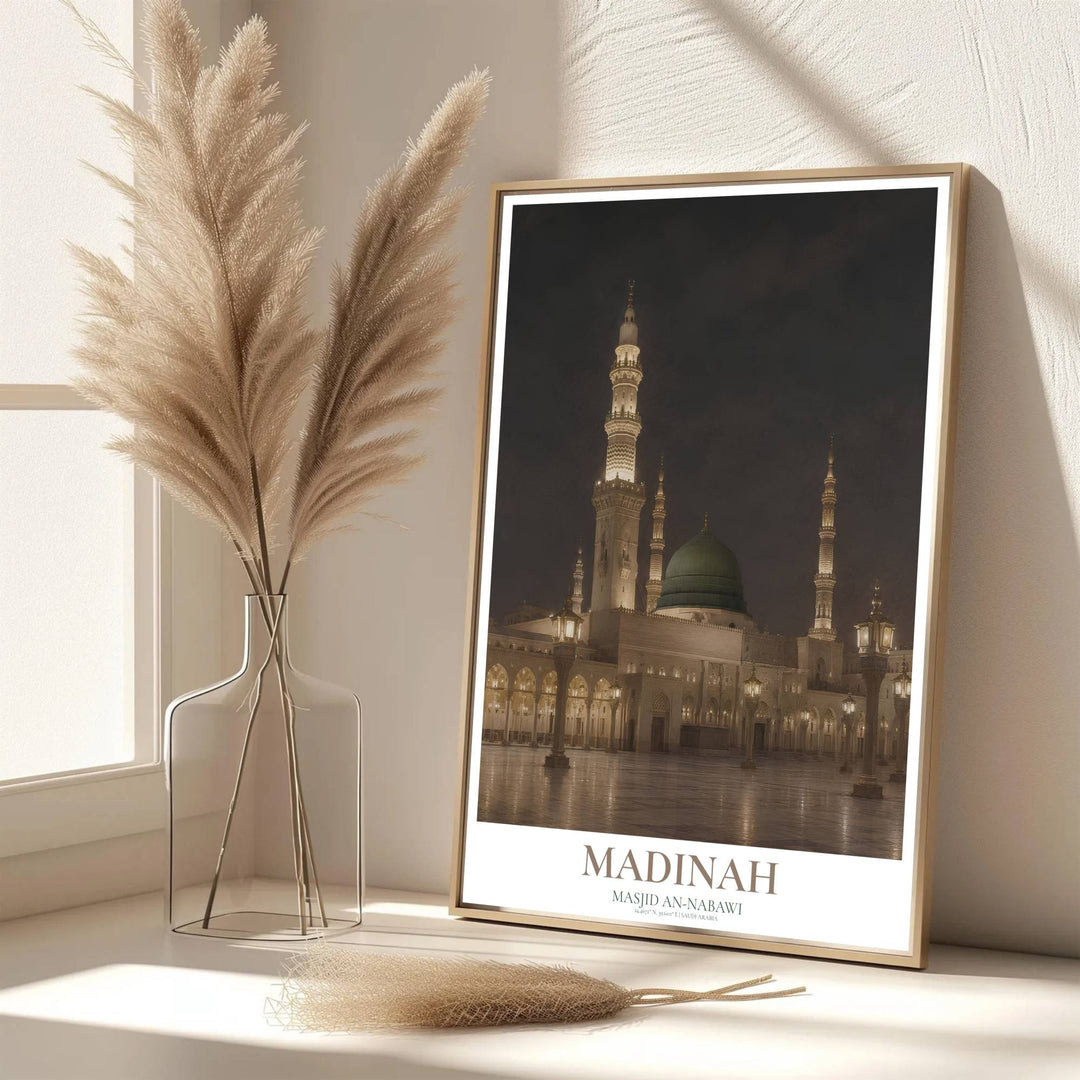Scenic Saudi Arabia architecture poster of Masjid an Nabawi rendered in warm alabaster light and deep night sky shadow contrast. Developed by MapYourDreams, this artwork is available in flexible options including unframed paper, custom wooden frames, and gallery canvas wraps for hallway wall decor.