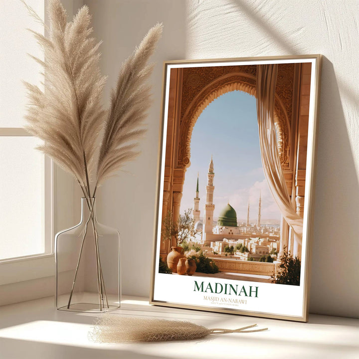 Scenic Saudi Arabia architecture poster of Masjid an Nabawi rendered in warm sandstone light and soft curtain drapery contrast. Developed by MapYourDreams, this artwork is available in flexible options including unframed paper, custom wooden frames, and gallery canvas wraps for hallway wall decor.
