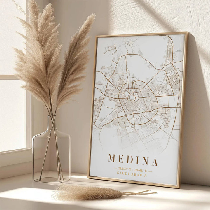 Scenic Saudi Arabia map poster of Medina rendered in warm bronze vector line aesthetics and soft cream shadow contrast. Developed by MapYourDreams, this artwork is available in flexible options including unframed paper, custom wooden frames, and gallery canvas wraps for hallway wall decor.