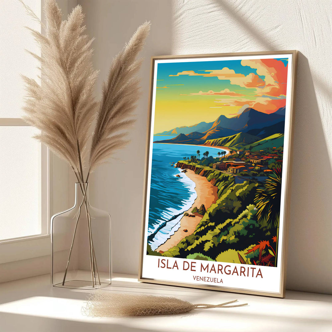 Scenic travel poster displaying the world-famous Isla de Margarita coastline in a vibrant sunset color palette. Handpicked for the MapYourDreams catalog, this artwork is available in flexible styles including unframed paper prints, wooden frames, or gallery canvas.