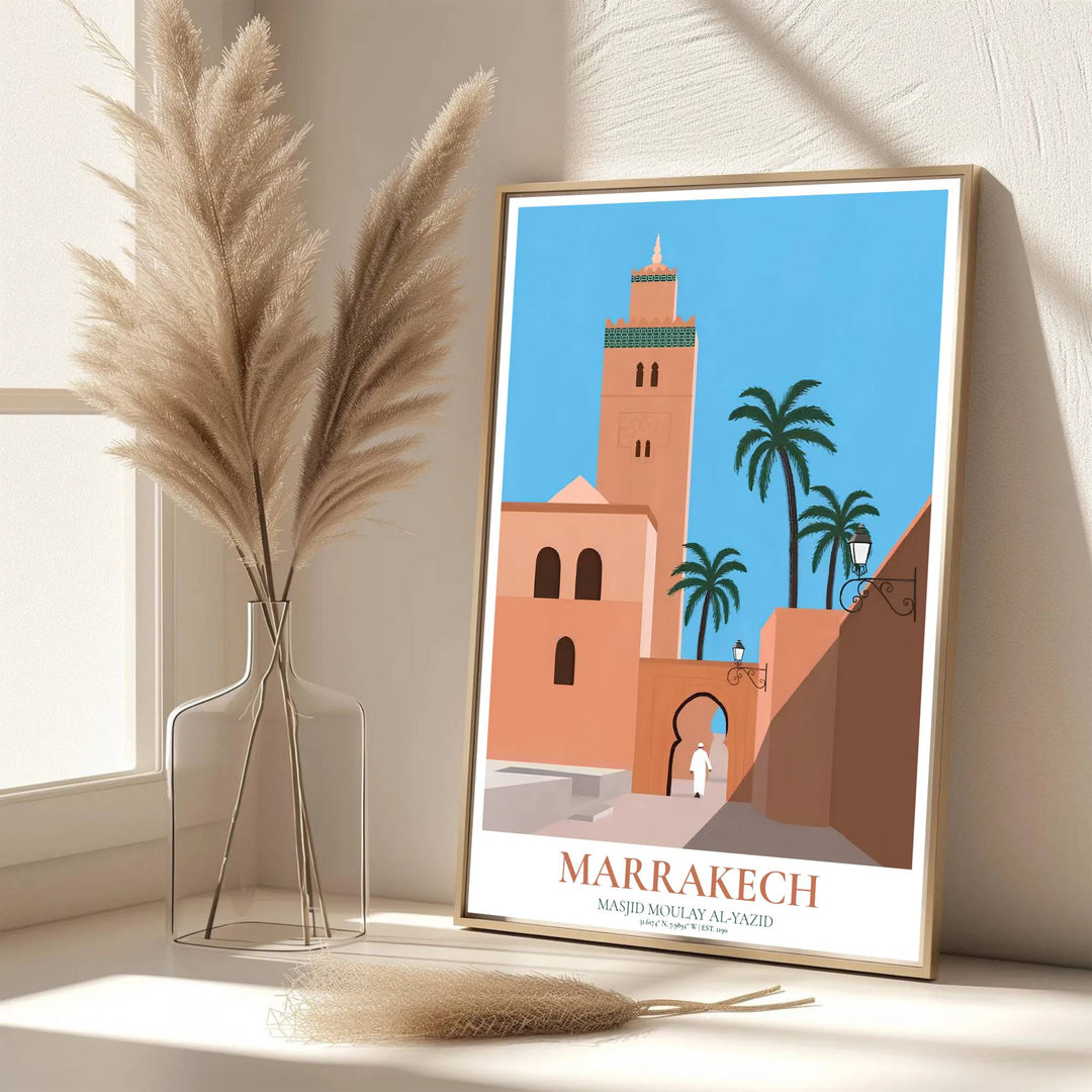 Scenic Morocco architecture poster of Kasbah Mosque rendered in warm clay tones and vibrant blue sky shadow contrast. Developed by MapYourDreams, this artwork is available in flexible options including unframed paper, custom wooden frames, and gallery canvas wraps for hallway wall decor.