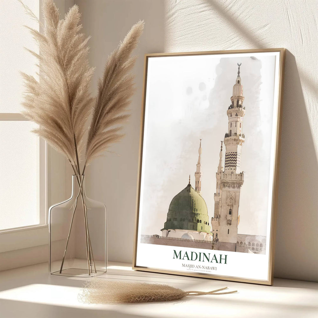 Scenic Saudi Arabia architecture poster of Masjid an Nabawi rendered in warm alabaster light and soft watercolor wash contrast. Developed by MapYourDreams, this artwork is available in flexible options including unframed paper, custom wooden frames, and gallery canvas wraps for hallway wall decor.