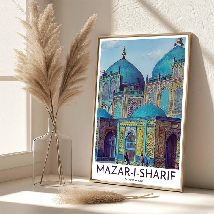 Scenic Afghanistan architecture poster of Mazar-i-Sharif Blue Mosque rendered in vibrant lapis lazuli tones and clear sky shadow contrast. Developed by MapYourDreams, this artwork is available in flexible options including unframed paper, custom wooden frames, and gallery canvas wraps for hallway wall decor.