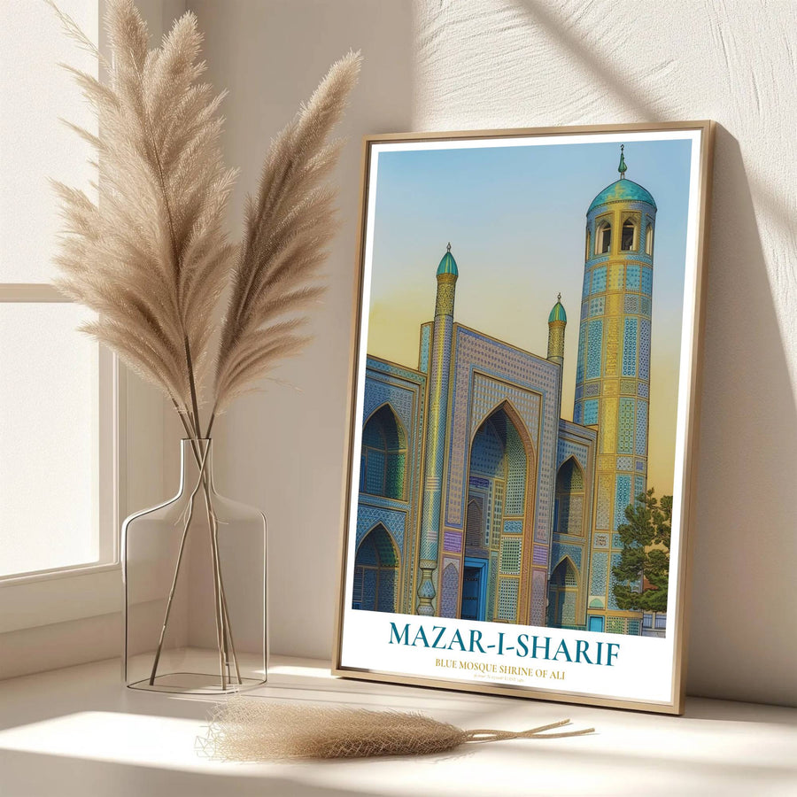 Scenic Afghanistan architecture poster of Mazar-i-Sharif Blue Mosque rendered in vibrant turquoise tones and warm golden sky contrast. Developed by MapYourDreams, this artwork is available in flexible options including unframed paper, custom wooden frames, and gallery canvas wraps for hallway wall decor.