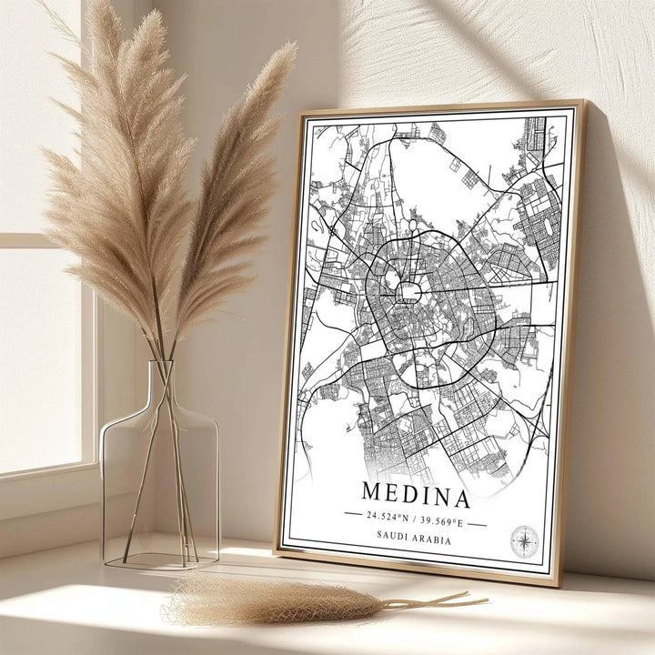 Scenic Saudi Arabia map poster of Medina rendered in crisp black vector line aesthetics and pure white contrast. Developed by MapYourDreams, this artwork is available in flexible options including unframed paper, custom wooden frames, and gallery canvas wraps for hallway wall decor.