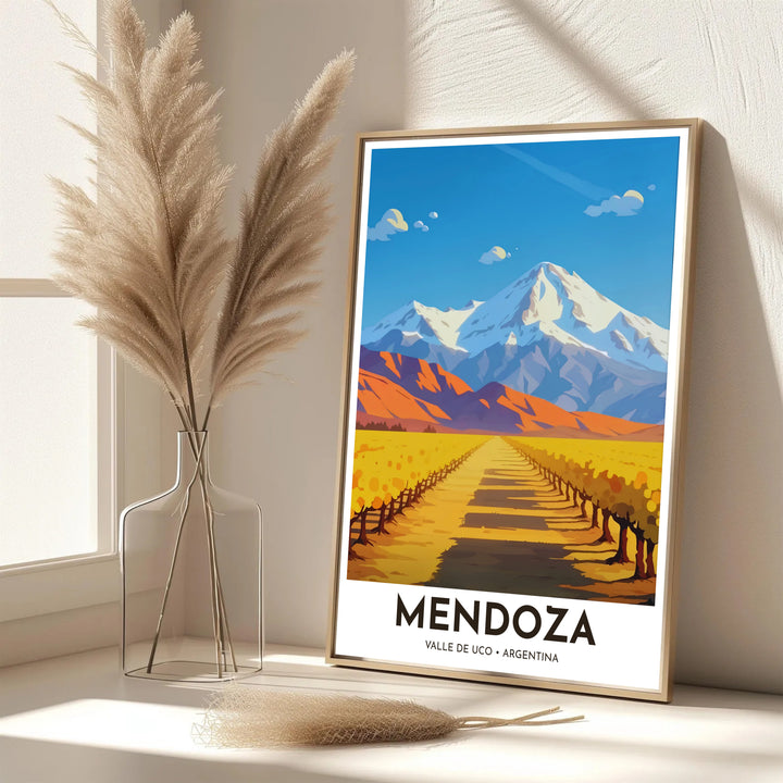 Scenic travel poster displaying the world-famous Mendoza wine country in a vibrant golden and blue color palette. Handpicked for the MapYourDreams catalog, this artwork is available in flexible styles including unframed paper prints, wooden frames, or gallery canvas.