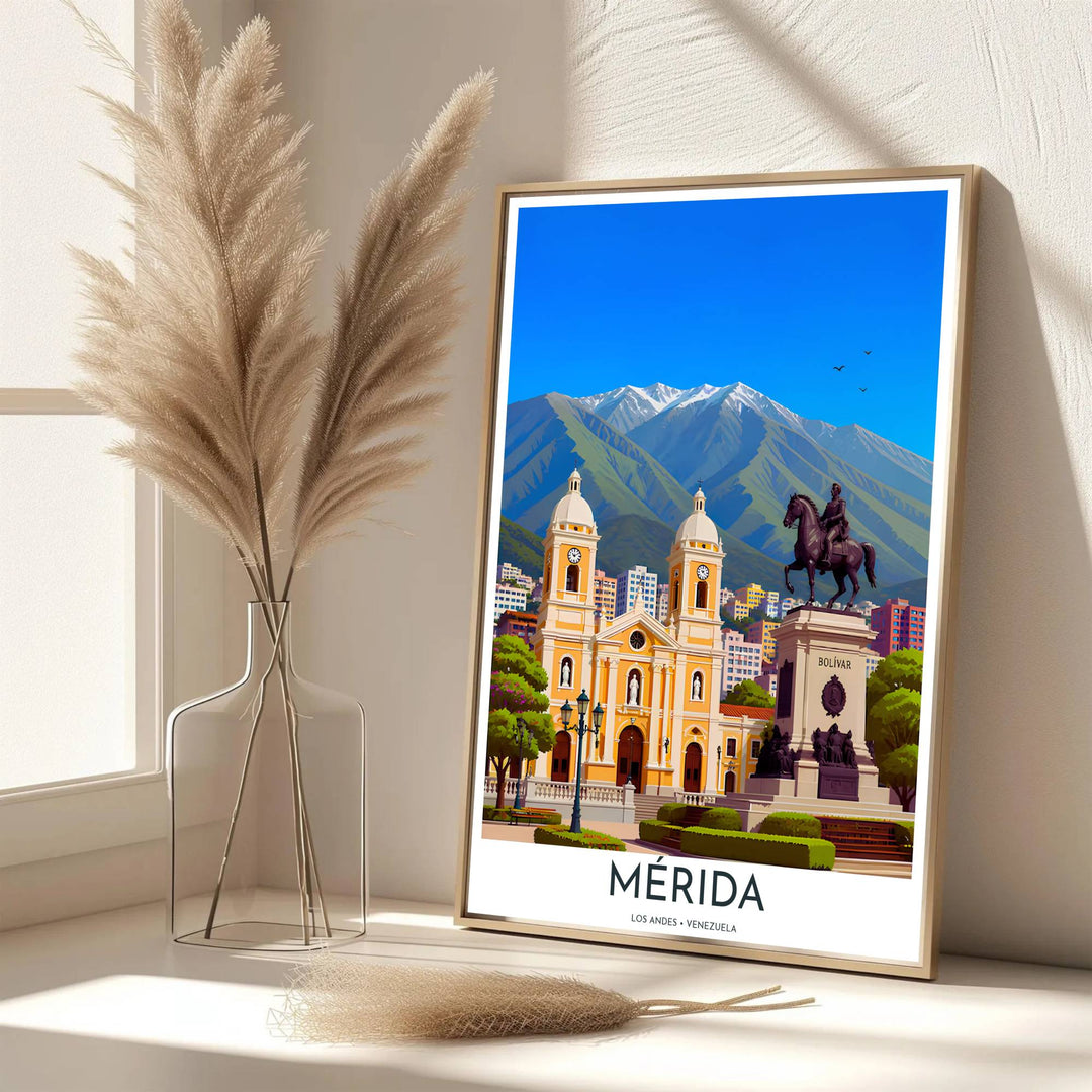 Scenic travel poster displaying the world-famous Andes mountains and Mérida Cathedral in a clean vector color palette. Handpicked for the MapYourDreams catalog, this artwork is available in flexible styles including unframed paper prints, wooden frames, or gallery canvas.