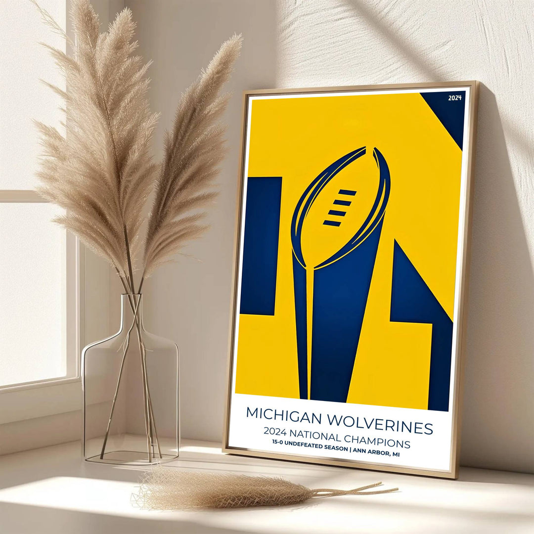 Scenic sports graphic poster of Michigan Football 2024 National Champions rendered in a mid-century vector aesthetic. Developed by MapYourDreams, this artwork is available in flexible options including unframed paper, custom wooden frames, and gallery canvas wraps for hallway wall decor.